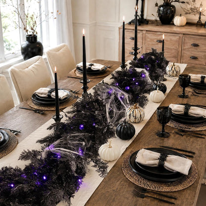Pre-lit Halloween Garland Decorations Black Real Touch Cedar Cypress with Berry & Spider & Spiderweb Halloween Garland for Mantle, Fireplace, Table, Stairs, Door, Indoor Outdoor Decor, 9FT