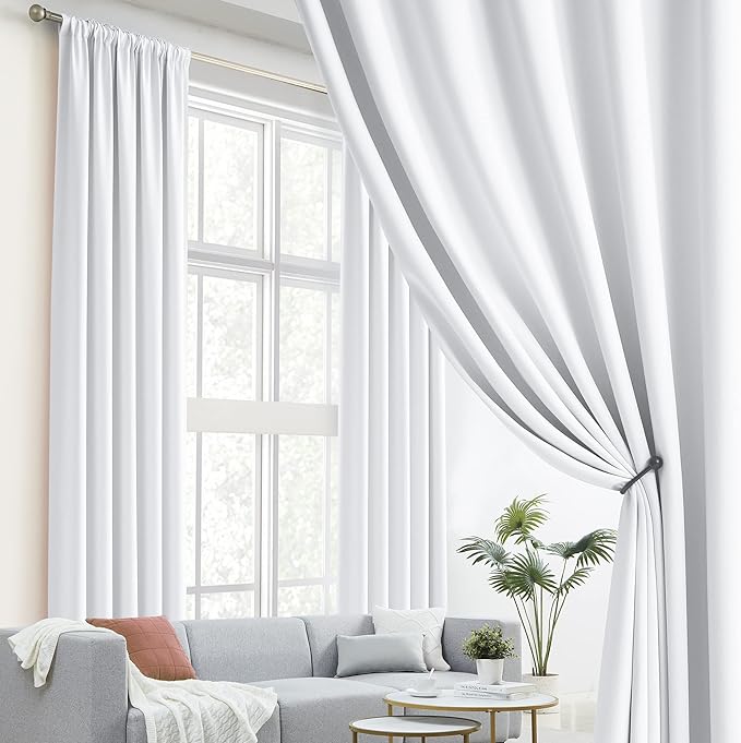 DUALIFE White Extra Long Blackout Curtains 52x108in, Rod Pocket Back Tab - Image 2