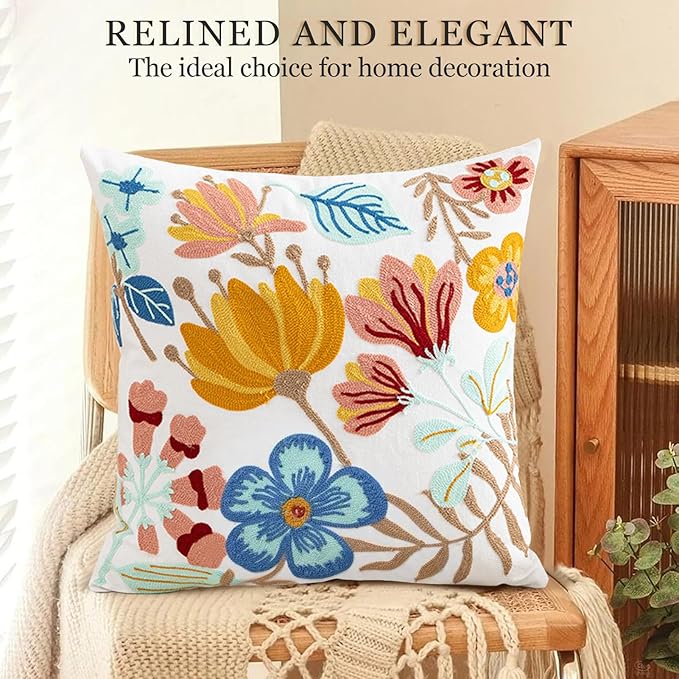 Embroidered Pillow Cover Colorful Farmhouse Floral Cushion Case Farmhouse - Image 3