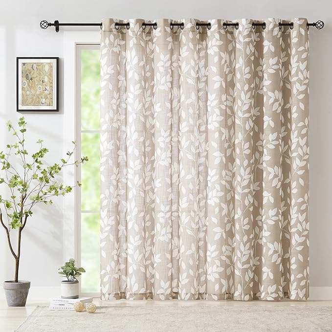 Taupe White Leaf Sheer Curtains by Treatmentex