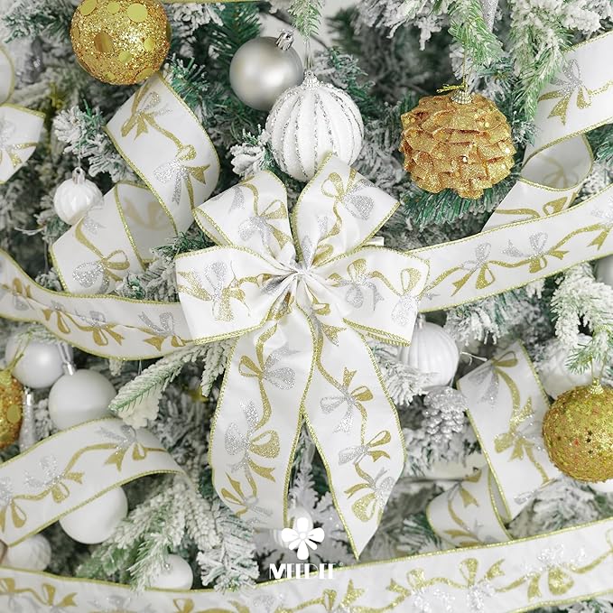 MEEDEE Gold and Silver Christmas Ribbon 2.5 Inch White Satin Ribbons - Image 6