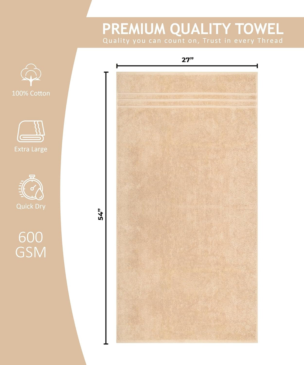 4 Pieces Large Bath Towels Set, 27x54 Inches, Beige