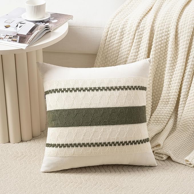 Fancy Homi Set of 2 Boho Olive Green Decorative Throw Pillow Cover 22x22 Inch - Image 2
