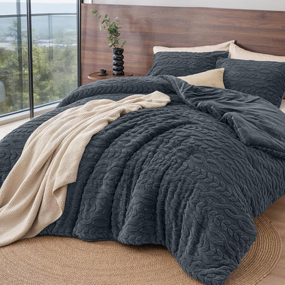 phf fluffy sherpa fleece queen comforter set, 3 shown in use
