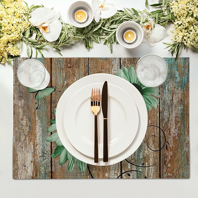 Giwawa Rustic Daisy Placemats Set of 4- Green Sunflowers on Vintage Wood Board - Image 3