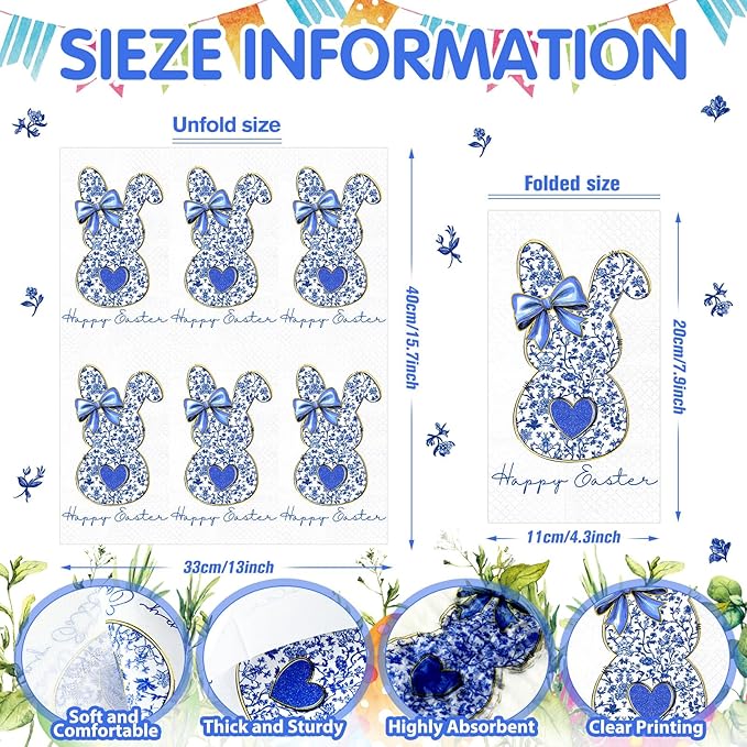 Peryiter 100 Pcs Easter Blue White Bunny Paper Napkins 13 x 15.7 Inch Retro - Image 2