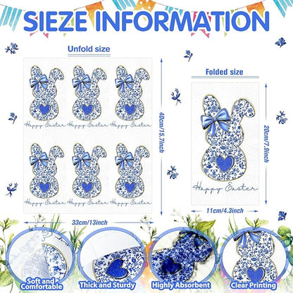Peryiter 100 Pcs Easter Blue White Bunny Paper Napkins 13 x 15.7 Inch Retro - Image 2