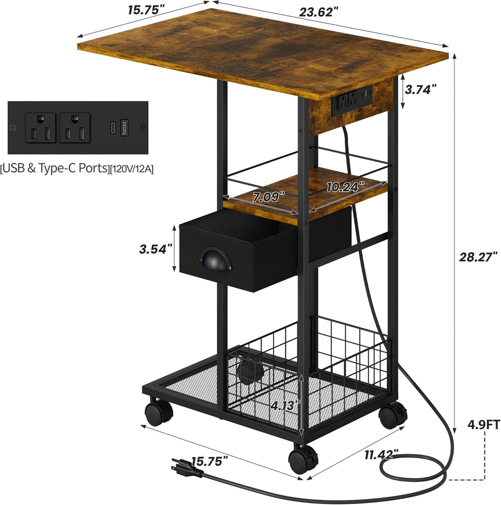 Rolling Side Table, TV Trays, C Table with Charging Station, Storage Drawer