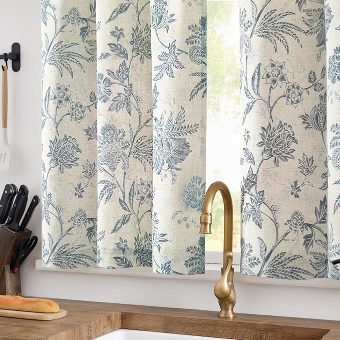 jinchan Floral Linen Tier Curtains 24 Inch Farmhouse Cafe Curtains Rod Pocket - Image 2