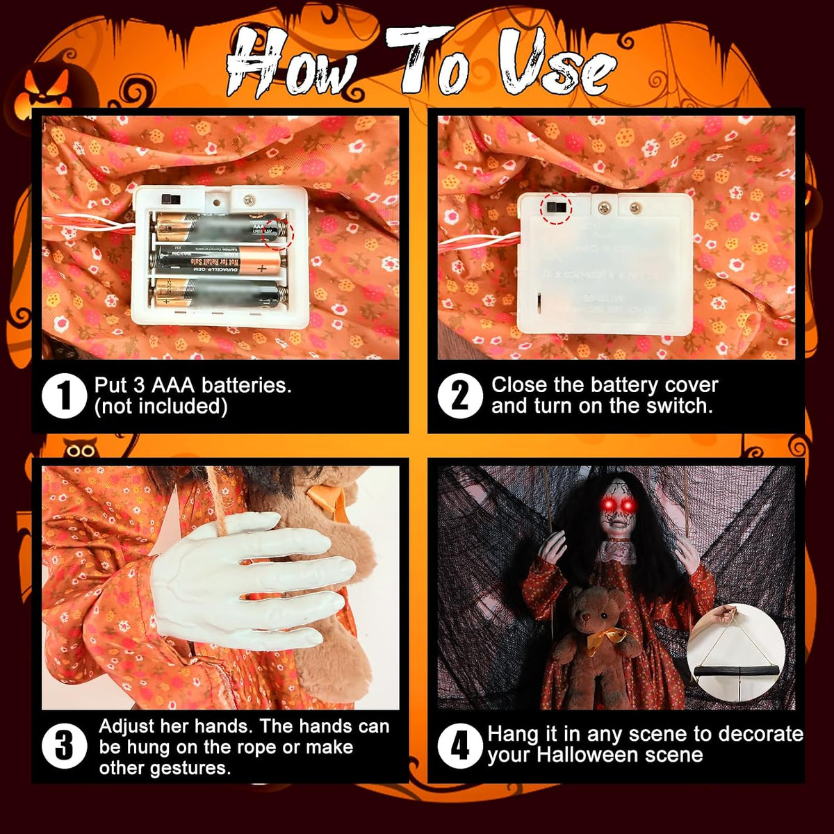 Scary Halloween Decorations Outdoor, Halloween Hanging Swinging Girl Ghots Decor with Creepy Sound and Light Up Eyes Sound, Creepy Props for Yard Trees Graveyard Haunted House Indoor Outside