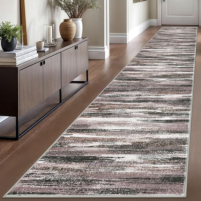 Modern Abstract Runner Rug 2.6x16, Dark Light Brown White Washable Long Kitchen by lansny