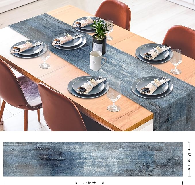 Emvency Farmhouse Style Table Runner, Abstract Art Painting Denim Blue Table - Image 3