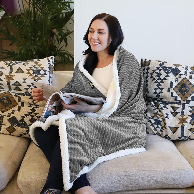 Catalonia Grey Sherpa Throws Blanket, Super Soft Comfy Fluffy Fuzzy Fleece - Image 3