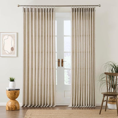 Beige Sheer Pinch Pleated Curtains 100 Inches Long 2 Panels, Back Tab Pleated by RAIN+CITY