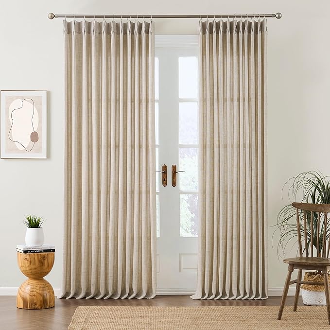 Beige Sheer Pinch Pleated Curtains 105 Inches Long 2 Panels, Back Tab Pleated by RAIN+CITY
