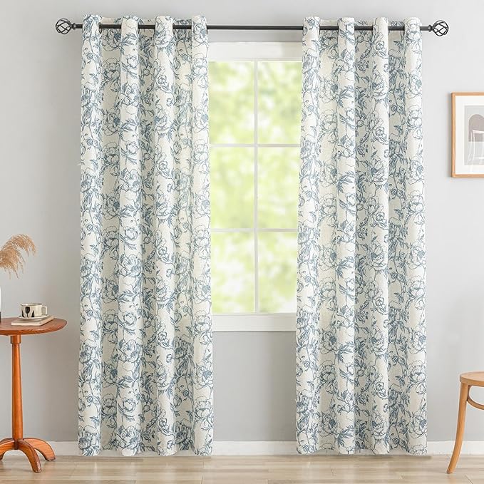 Blue Floral Curtains Farmhouse Linen 84 Inches Length Grommet Top Curtain - Image 2