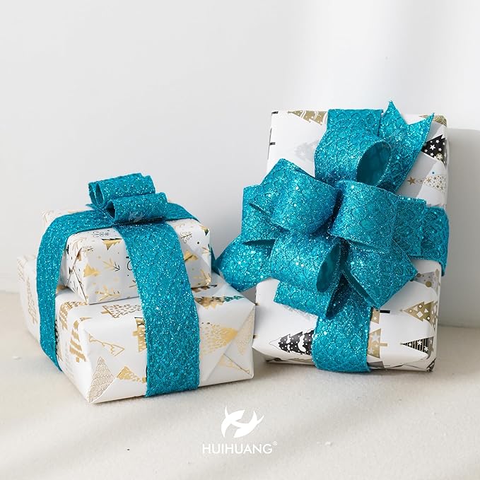 HUIHUANG Turquoise Glitter Wired Ribbon - Image 7