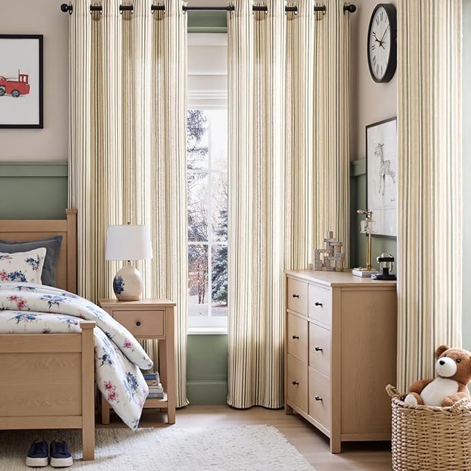 Vangao Linen Striped Green Curtains Boho Tickingstripe Light Filtering Nursery - Image 5