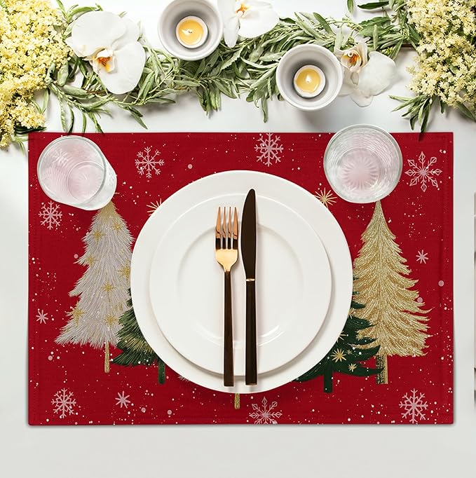 Red Christmas Tree Placemats Set of 4, 12x18 Inch Xmas Trees Snowflakes Winter - Image 3