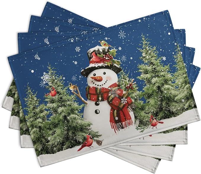 Blue Snowman Christmas Placemats Set of 4 Xmas Tree Cardinal Snowflakes Linen - Image 2