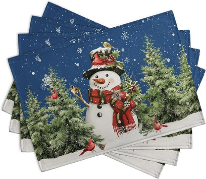 Blue Snowman Christmas Placemats Set of 4 Xmas Tree Cardinal Snowflakes Linen - Image 2