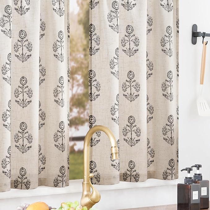 jinchan Linen Kitchen Curtains 24 Inch Floral Tier Curtains Farmhouse Cottage - Image 2