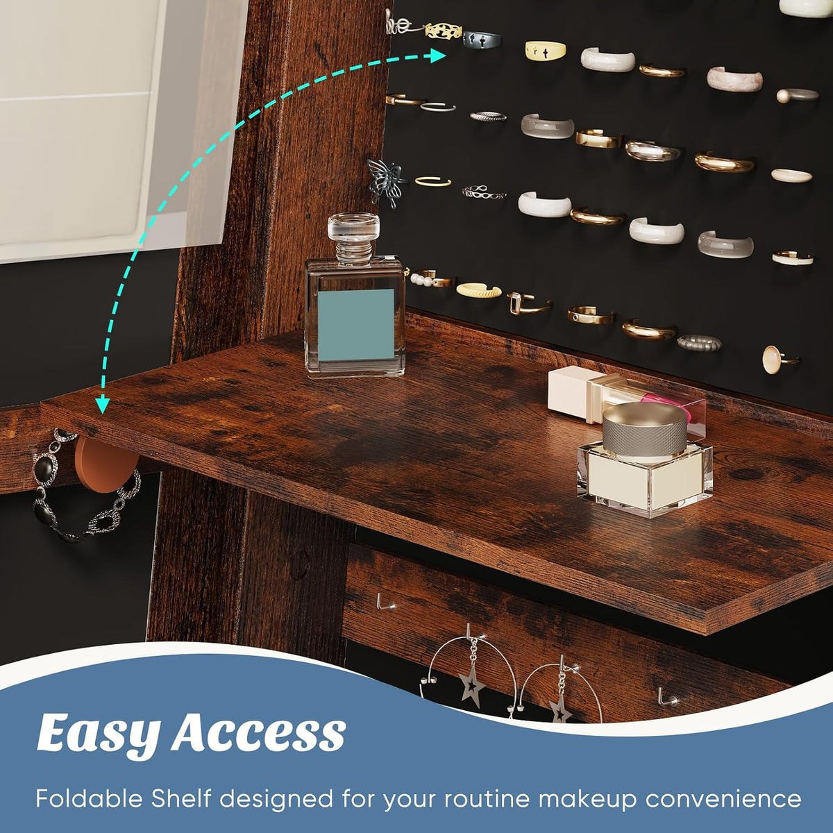olixis 360° swivel jewelry cabinet with light, lockable, front angle view