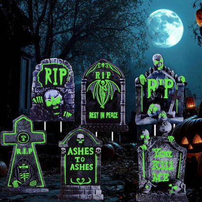 Halloween Decorations Outdoor Tombstone Yard Sign with Stakes 6PCS Glow in the Dark Waterproof Graveyard Tombstones Scary Zombie Theme Halloween Outdoor Decor for Family Home Front Yard Lawn Garden