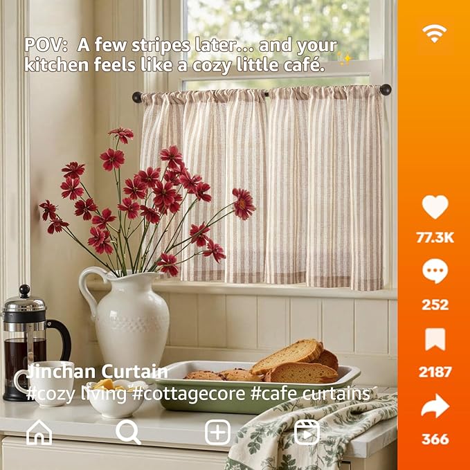 jinchan Striped Linen Kitchen Curtains 20 Inches Length Tier Curtains Farmhouse - Image 3