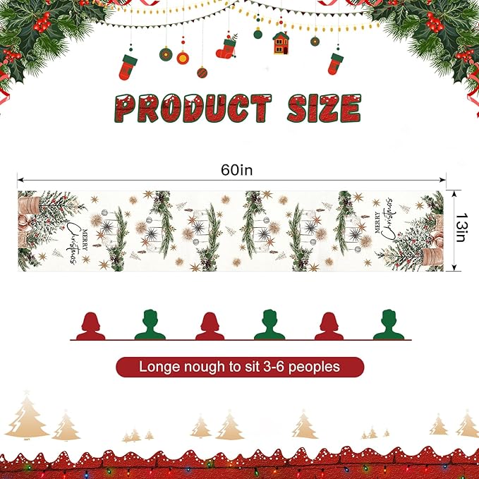 OTOSTAR Xmas Trees Holly Pine Cone Merry Christmas Table Runner, Xmas Seasonal - Image 6