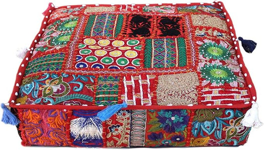 CRAFT KALA Indian Square Patchwork Traditional Pouf Cover Indian Living Room by CRAFTKALA