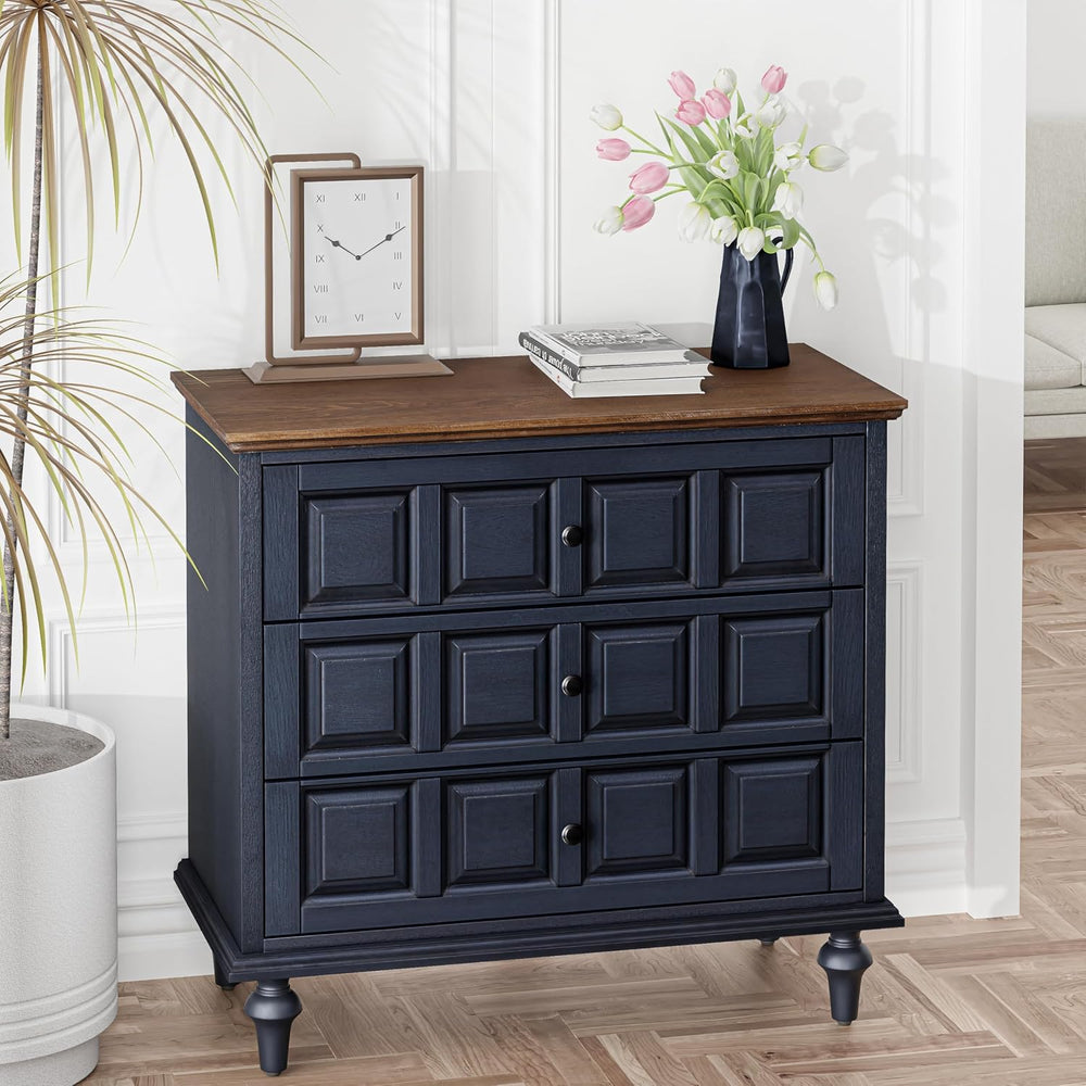 Aoikax Retro 3 Drawer Dresser X 2P, Natural Wood, Dark Blue