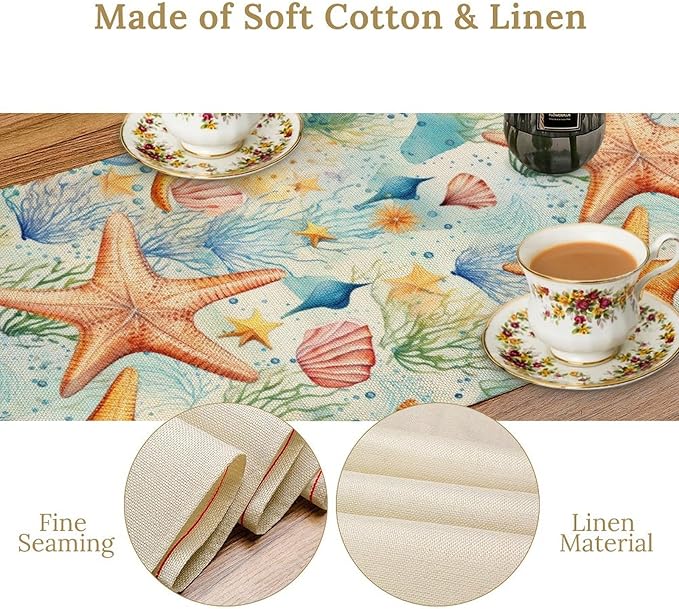 Starfish Conch Shell Table Runners, Season Coastal Marine Life Table Runners - Image 4