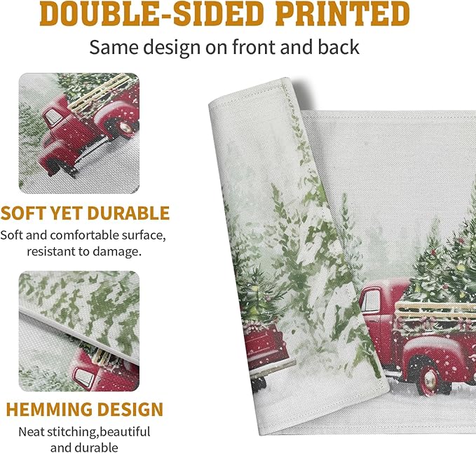 Red Truck Christmas Placemats Set of 4, 12x18 Inch Green Pine Tree Snow Xmas - Image 5