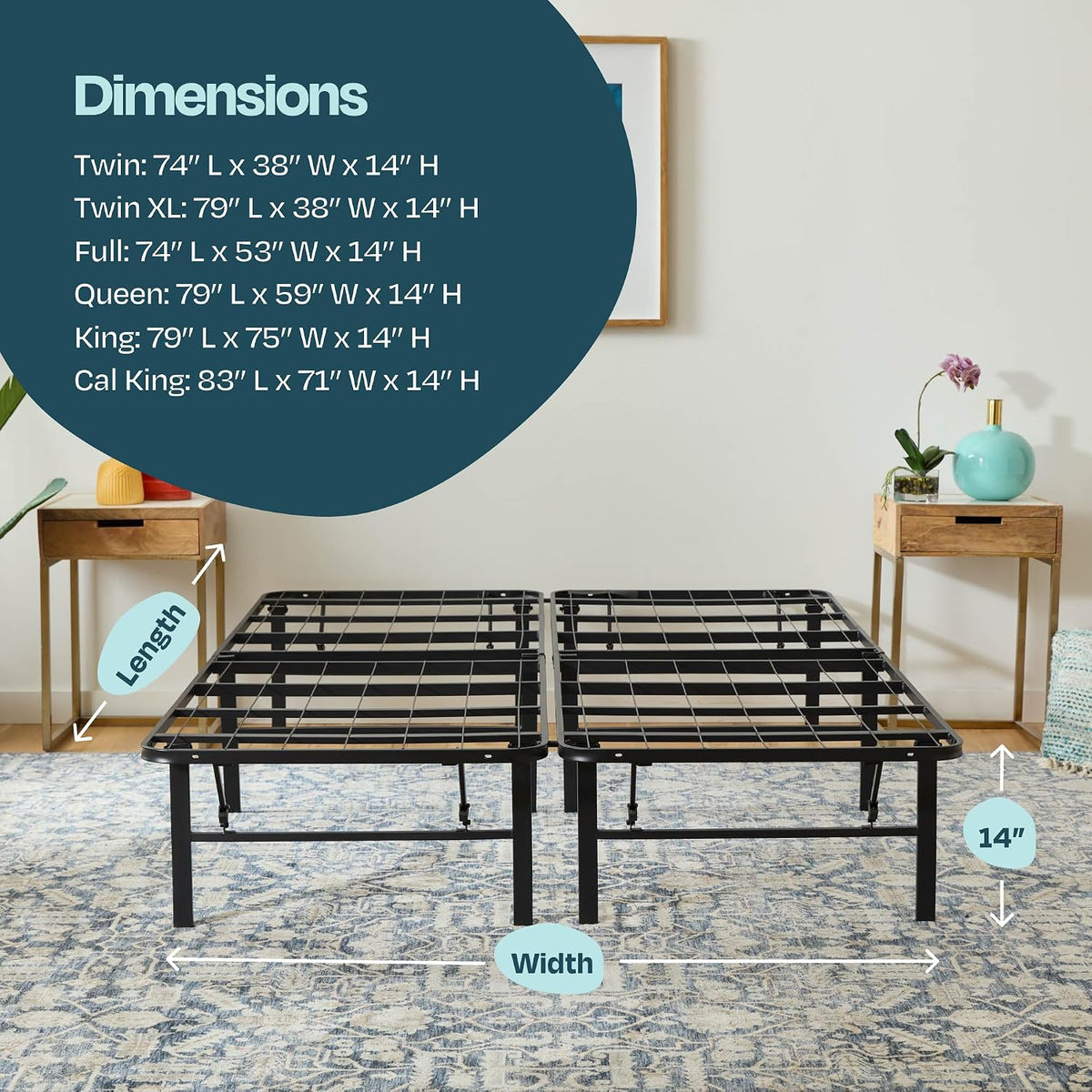 linenspa 14 inch folding metal platform bed frame, package contents