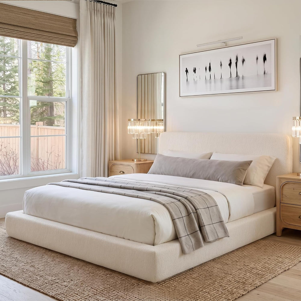 Full Size Cloud Bed Frame, White Upholstered Platform Bed Frame, Bed Base