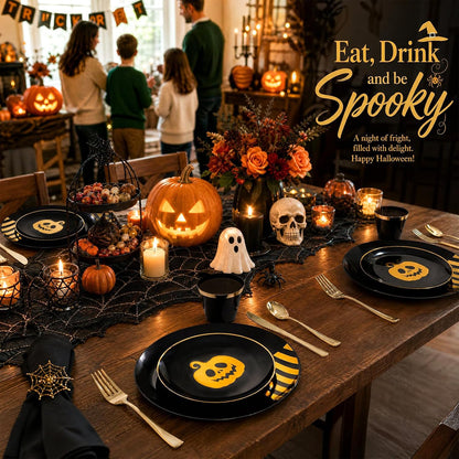 KIRE 25 Guest Halloween Plates Black Gold Plastic Plates Smiley Pumpkin include 50PCS Black &150PCS Gold Plastic Silverware&25PCS Clear Black Cups for Halloween Party