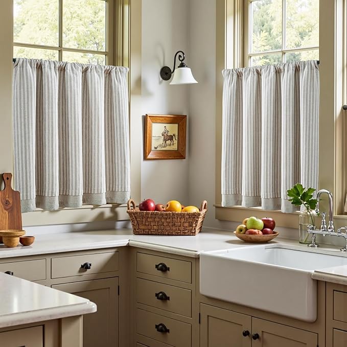 jinchan Double Layer Striped Linen Kitchen Tier Curtain Rustic Cafe - Image 4