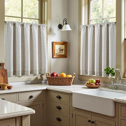 jinchan Double Layer Striped Linen Kitchen Tier Curtain Rustic Cafe - Image 4