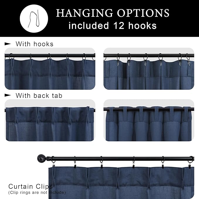 Navy Blue Cafe Tier Curtains 36 Inch Length 2 Panel Pinch Pleated Hooks Semi - Image 3