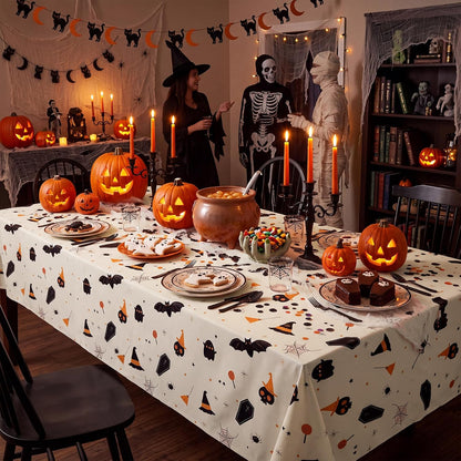 CXPSINC 54 Inch X 300 Feet Plastic Table Cover Roll Disposable Halloween Tablecloth with Slide Cutter Ghost Bat Plastic Table Covers for Halloween Party Decorations(Halloween Beige, 300 Feet)