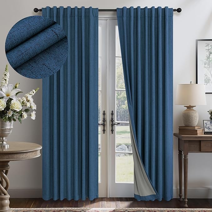 Navy Blue Black Out Curtains 63 Inch Long 2 Panel Burg Linen Textured Thermal by Pitalk