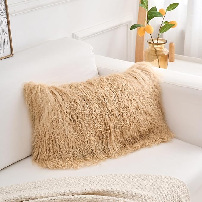 Genuine Mongolian Lamb Fur Pillow Cover – 12"x20" Rectangular Cushion Case – - Image 3