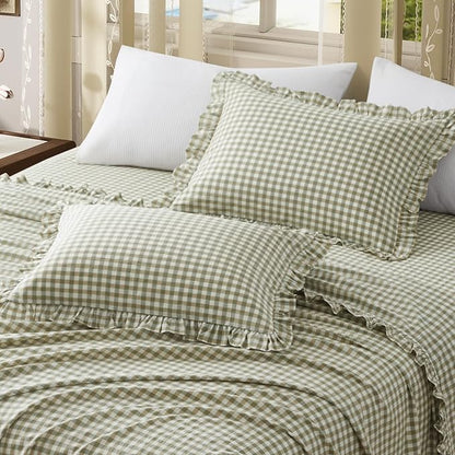 KKJIAF 2 Pcs Plaid Ruffle Pillow Case King Size, Cotton Gingham Ruffled Euro - Image 4