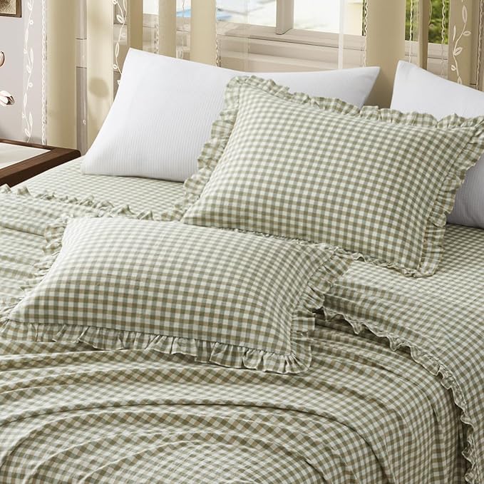 KKJIAF 2 Pcs Plaid Ruffle Pillow Case Queen Size, Cotton Gingham Ruffled Euro - Image 4