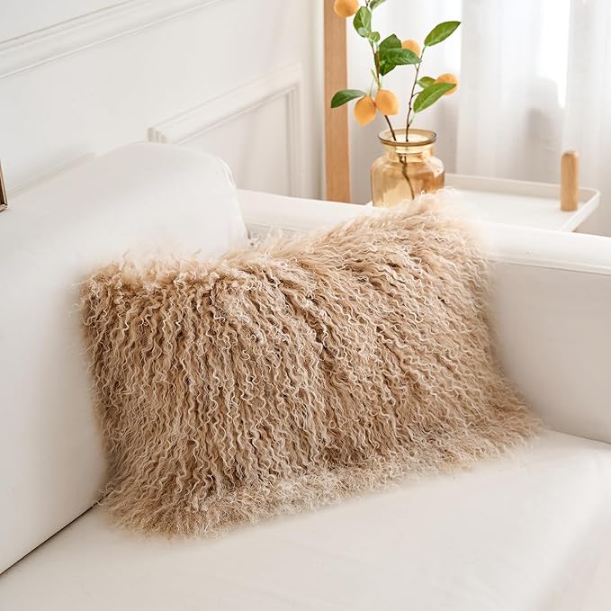 Genuine Mongolian Lamb Fur Pillow Cover – 12"x20" Rectangular Cushion Case – - Image 3