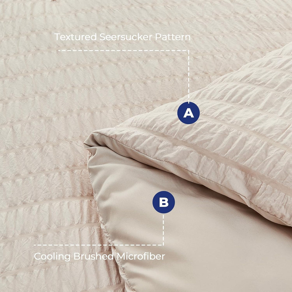 Queen Comforter Set - 7PCS Bed in a Bag, Seersucker Bedding Set, Beige