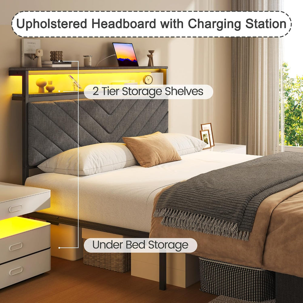 Fluest Full Bed Frame with 2 Drawers, Upholstered Headboard with Storage and ...