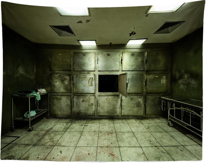 BELECO Old Abandoned Hospital Backdrop Fabric 9x6ft Gloomy Hospital Morgue Interior Tattered Lockers Bloodstains Sickbed Background Horrible Halloween Party Decorations Portraits Photo Studio Props
