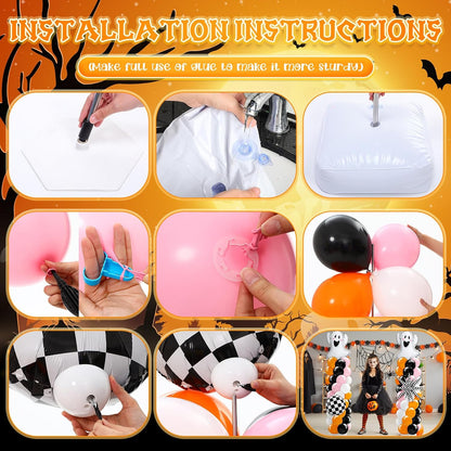 Kasyat 2 Sets Pink and Orange Halloween Balloon Arch Kit with Ghost Black White Checkered Round Ball Explosion Star Foil Balloon Orange Pink Black White Garland for Spooky Theme Party Decoration